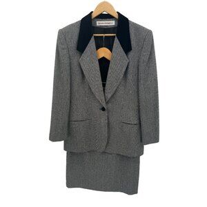 Vintage Evan Picone Houndstooth Skirt Suit Set Black Velvet Collar Womens 10 USA